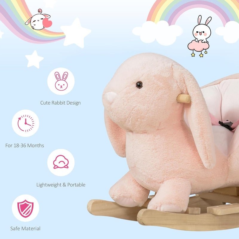 Qaba Baby Rocking Horse, Plush Rabbit Animal Rocker with Simulated Sound, Wooden Base, Seat Belt, Stuffed Rocking Chair for Toddler 18-36 Months, Pink - Image 5